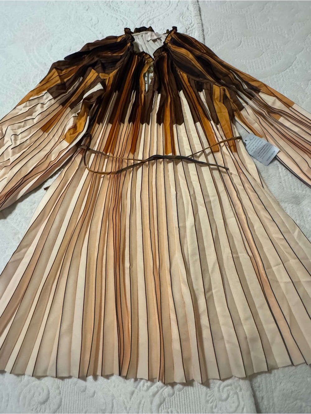 Pleated Long-Sleeve Midi Dress in Brown and Cream with Skinny Belt